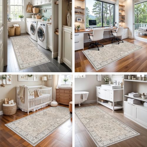 Hallway Washable Runner Rug - 3x6 Kitchen Rugs Entryway Rug Runner Vintage Soft Floor Mat Non Slip Indoor Farmhouse Carpet for Bathroom Living Room Bedroom (3 X 6, Beige)