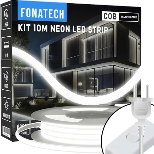 FonaTech® Kit Ruban Néon Led 10 m 220V COB en silicone étanche IP65 Blanc Froid 6000°K 60led/m Waterproof bandeau type Guirlande pour chantier 10 metres