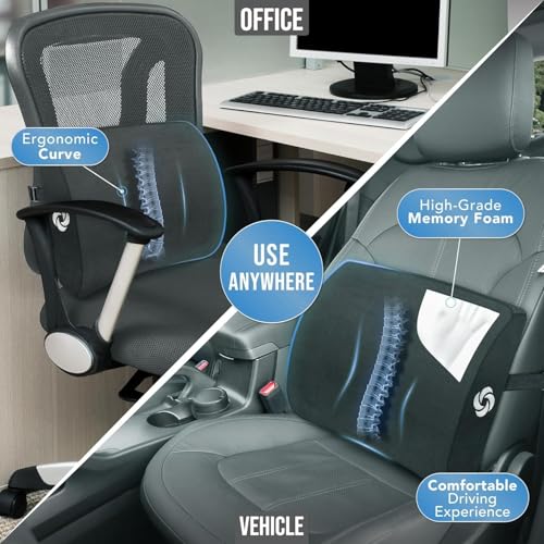 Image of Samsonite Lumbar Support Pillow for Office Chair and Car Seat, Perfectly Balanced Memory Foam, Versatile Use Lower Back Cushion, Black Plush