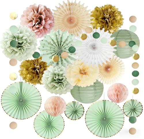 Aupawdy Lot de 20 pompons en papier de soie vert sauge - Vert sauge - Décoration pour fête de mariage, anniversaire, fête prénatale botanique