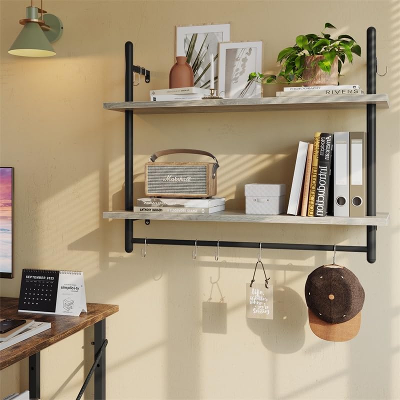 Bestier 80 x 24 x 64 cm, 2-traps zwevend buisrek, industrieel keukenrek, ladderrek met ronde buizen en haken, houten wandrek voor decoratie en opslag, boekenkast voor woonkamer, keuken