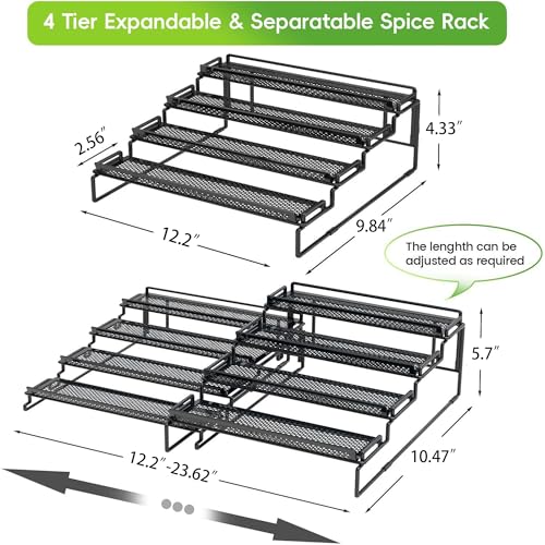 LUHENPING 4 Tier Adjustable Spice Rack Organizer for Cabinet - Black (2 PCS S&L) Expandable Spice Shelf with Protection Railing for Inside Cabinets, Countertop, Pantry Storage & Seasoning Organization