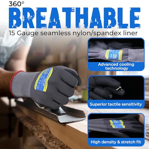 Image of HANDLANDY 6 Pairs Safety Work Gloves with MicroFoam Nitrile Coated - Breathable Nylon Gloves with Grip for Men & Women