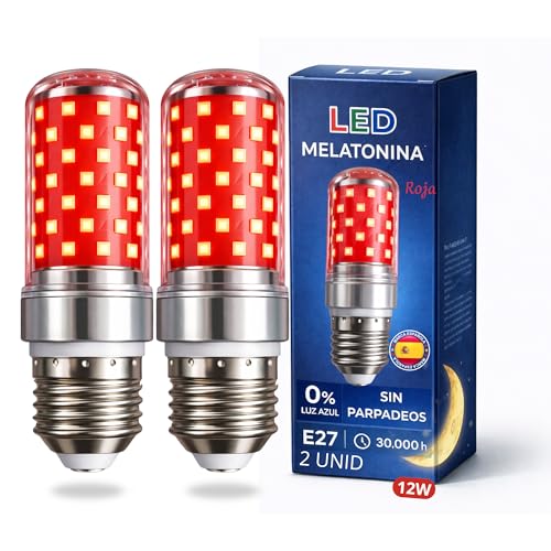 DROCODO PACK de 1 y 2   Luz roja nocturna melatonina, E27 LED 12W, 0% luz azul, Lampara luz roja nocturna melatonina, bombilla roja para dormir mejor, Luz roja bebe relajante y terapeutica.