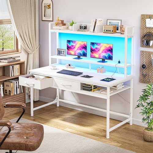 Image of DurayLoly Computer Desk with Monitor Stand, LED Lights,Power Outlet | Gaming Desk with 2Drawers, 4-Tier Storage Shelves for Home Office & Bedroom Small Space Office Desk, White