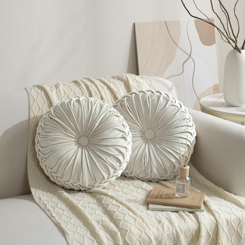 Image of HIG Set of 2 Decorative Round Pleated Throw Pillows,Classy Accent Pumpkin Throw Pillows with Center Button,Vintage Velvet Floor Pillows for Sofa Vanity Chair Bed, Beige,14.5 inch Diameter(Ripple)