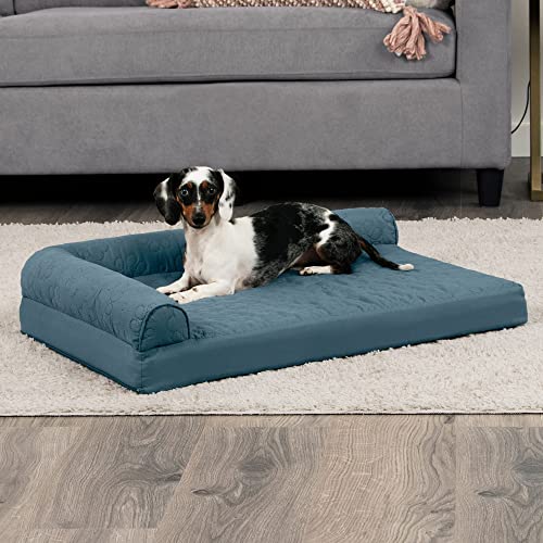 Image of Furhaven Cooling Gel Dog Bed for Medium /Small Dogs w / Removable Bolsters & Washable Cover, For Dogs Up to 35 lbs - Pinsonic Quilted Paw L Shaped Chaise - Bluestone, Medium