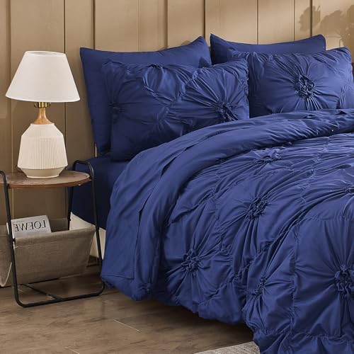Image of Dark Blue Comforter Set Queen Size Bed in A Bag 7 Piece Pinch Pleat Bedding Set, Pintuck Ruched Flowers Bed Set with Comforter, Sheets, Pillowcases & Shams