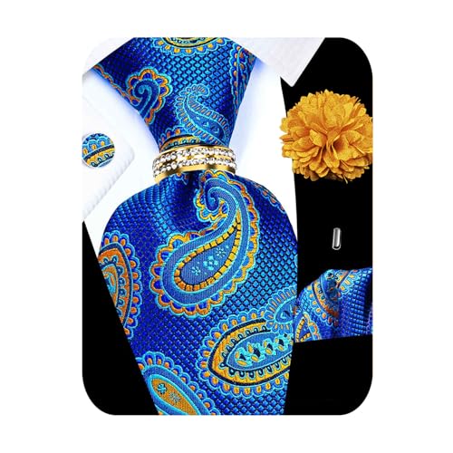 Image of 5PCS Tie and Pocket Square for Men, Silk Necktie and Handkerchief Cufflinks with Gold Ring and Lapel Pin Set