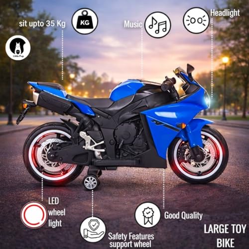 Image of LITTLE PUP 12V Battery Operated Ride on Bike for Kids of Age 2 to 8 Years- Electric Rechargeable Kids Bike with Hand Race, Music,Led Lights (Blue)