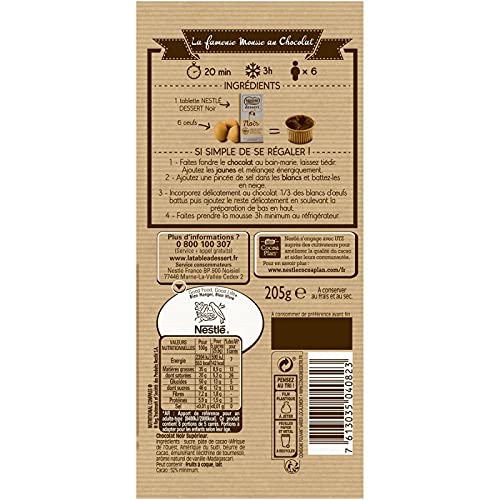 Nestlé - Tableta De Chocolate Postre Negro 205G - Lot De 4 - Precio Por Lote - Entrega Rápida
