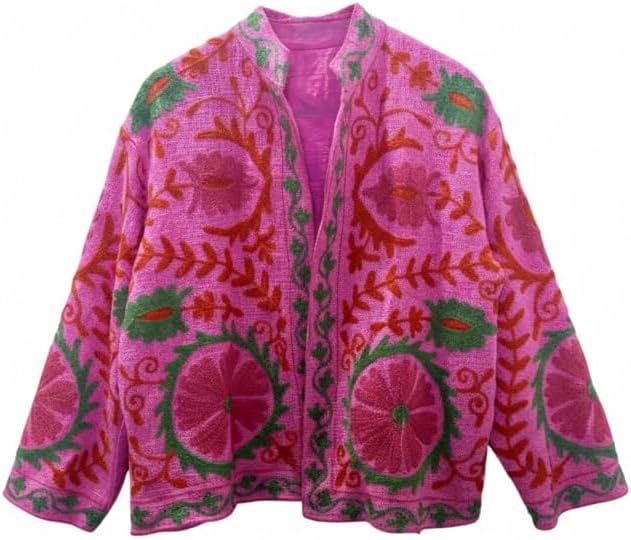 Pink Embroidered Cotton Suzani Jacket, Floral Pattern with Orange and Green Embroidery, Traditional Handcrafted Design