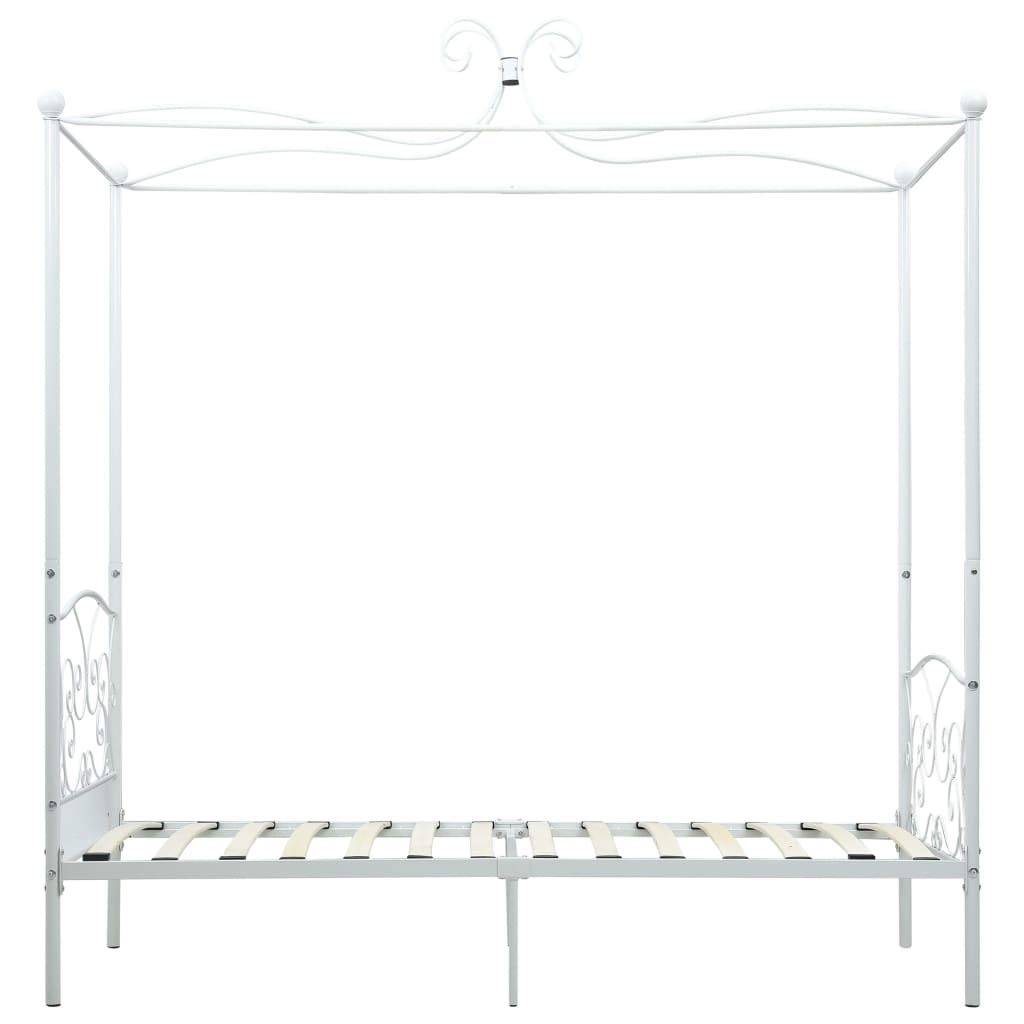 Rama łóżka z baldachimem, biała, metalowa, ze stelażem, 90 x 200 cm, łóżko pojedyncze, mebel do spania, rama łóżka, łóżko młodzieżowe, zajmuje mało miejsca, łóżko do sypialni, z uchwytem na