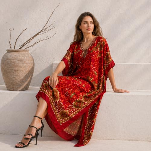 Image of Miss Lavish London Kaftan Dresses for Women,Beach Kaftan Coverups,Hawaiian Coverups for Women,Long Beach & Swimsuit Coverups,Plus Size African Caftan Dress,Moroccan Style Loungewear Red XL