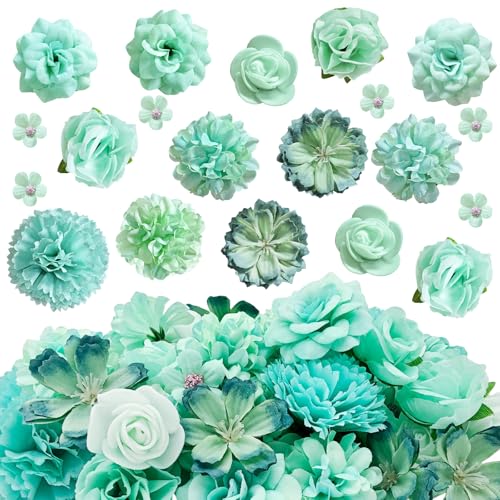 QUOZUO 70 pcs Mini Artificial Flowers Heads Mint Green Silk Peony Daisy Rose Bulk Mix Flower Heads Faux Rose for Crafts Graduation Wedding Baby Shower DIY Home Party Decoration
