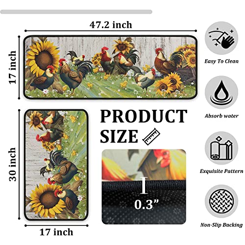 Rooster Kitchen Rugs And Mats Non Skid Washable Absorbent Stain Resistant,Durable And Easy To Clean,Anti Fatigue Kitchen Rug Set Of 2 Farmhouse Kitchen Decor 17 X47+17"X30" #TOP1