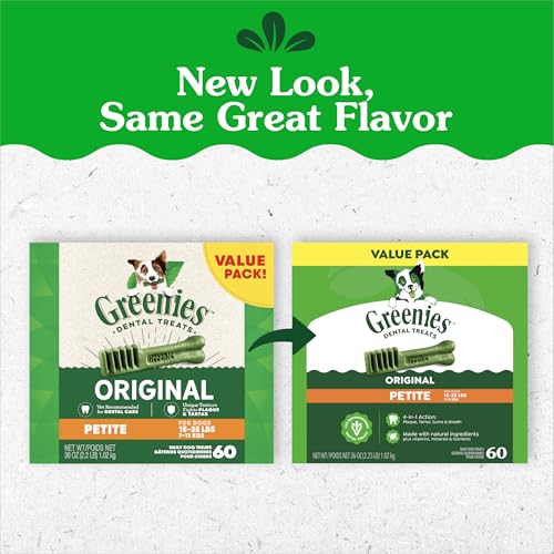 Greenies Veterinarian-Recommended Adult Natural Dental Dog Treats Petite Size, Dog Dental Chews, Original Flavor, 36 oz. Pack, 60 Count
