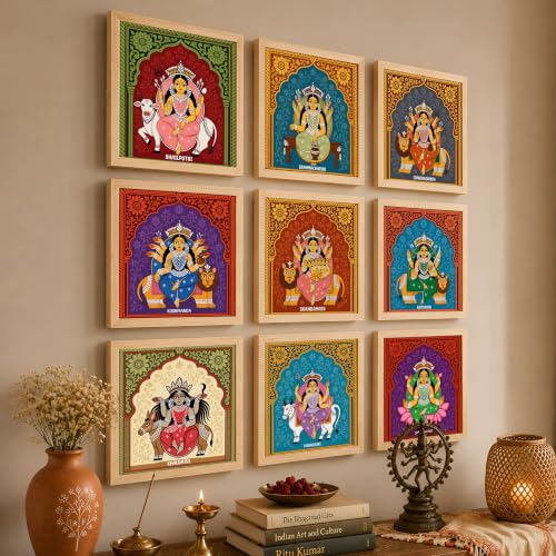 Image of Nine Forms of Nav Durga Wall Art Painting Set of 9 with Frames 9x9 Inch, Hindu Goddess Navratri Decorative Wall Paintings & Showpiece, Spiritual Religious Wall Decor for Living Room, Pooja Room