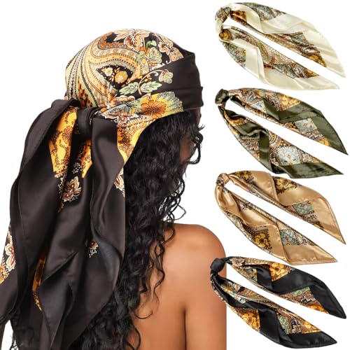 Image of DRESHOW 35 inch Large Square Satin Head Scarf - 4Pcs Silk Accessories Classic Patterned Squares Beach Bandanas for Women