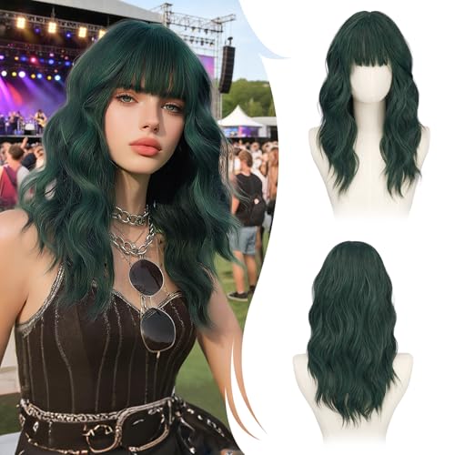 RUWISS Stumpfes Grün Lange Gewellte Perücke mit Pony für Damen 20 Zoll Layered Perücke Damen Natürlich Synthetisch Hitzebeständig Wigs für Alltag Party Cosplay Halloween