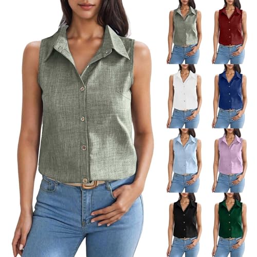 Canottiera da donna estiva in cotone e lino, senza maniche, casual, colletto alto, con bottoni, leggera, traspirante, per ufficio, Verde Aaaminz, S