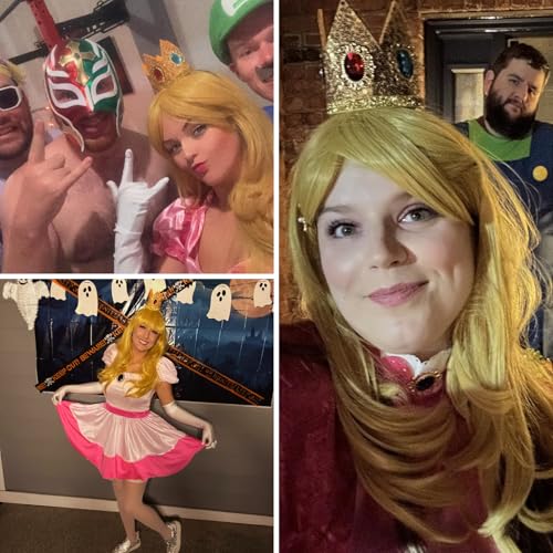 Blonde Wavy Princess Wig for Adult, Long Golden Cosplay Wigs + Crown Brooch Earrings Accessories + Wig Cap for Halloween Costume Party4