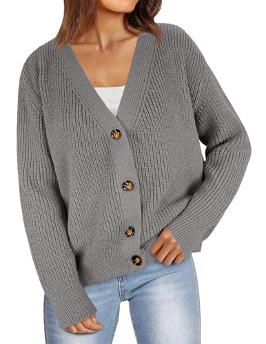 BreathSunny Women's Casual V Neck Button Long Sleeve Ribbed Knit Cardigan Loose Lightweight Outerwear Open Front Sweater Spring 2025 Grey M