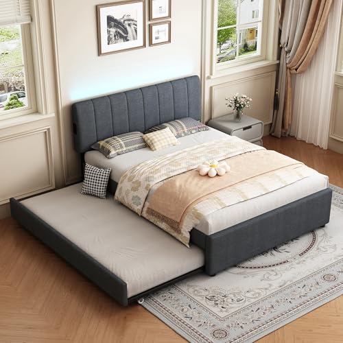 FAVSH Full Size Upholstered Platform Bed with Trundle and 1 Sets of USB, Linen Fabric Full and Twin Double Bed w/LED Lights with APP for Bedroom,Dark Gray
