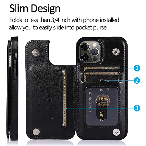Image of uCOLOR Flip Leather Wallet Case Card Holder for iPhone 12 Pro /12 Women and Girls with Card Holder Kickstand Marble Design Compatible with iPhone 12 /iPhone 12 Pro 5G 6.1 inch(Black Leopard)