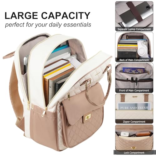 Image of School Backpack for Teen Girl,Aesthetic Schoolbag Bookbag with 15.6-Inch-Laptop Compartment for Women College Student Work Travel Nurse Teacher,Khaki-Beige