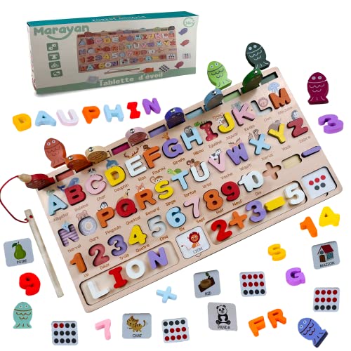 MARAYAN-Jouet Enfant 2 3 4 Ans-Jeux educatif-Planche Montessori-activite-Lettre en Bois-Jeu Bebe-Peche a la Ligne-Jeu educatif-Apprendre a Lire Les Couleurs-Puzzle Alphabet-Cadeau Fille garçon