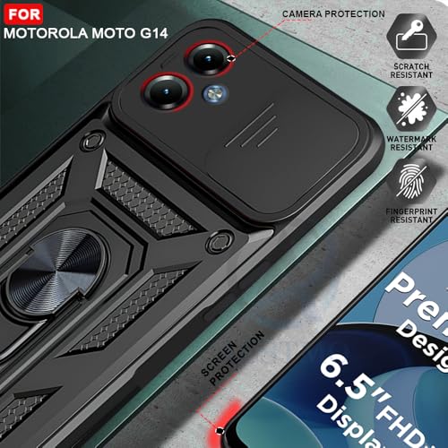 Image of AESTMO Tough Armor Moto G14 Bumper Back Case Cover | Ring Holder & Sliding Camera Shield Cover | 360 Degree Protection Back Case Cover for Moto G14 (Black)
