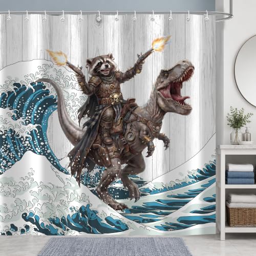 Image of iTapnoom Funny Bear Riding Dinosaur Shower Curtain, Kids Fun Animal Ocean Cool Wave Hilarious Bathroom Decor Waterproof Fabric 72x72 Inch with 12 Hooks