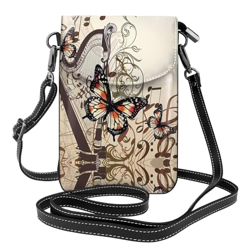 Petit portefeuille téléphone au fond musical de harpe et papillon