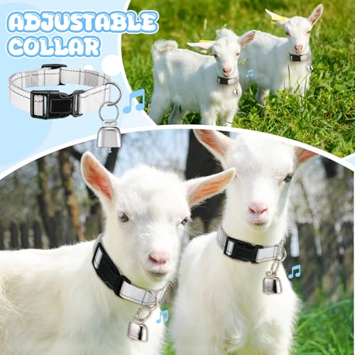 Image of Goat Collar with Bell, Sheep Grazing Copper Bells and Adjustable Nylon Collar Set Loud Bronze Bell for Summer Small Farm Animal Sheep Cow Dog Accessories Gift(White Stripes)