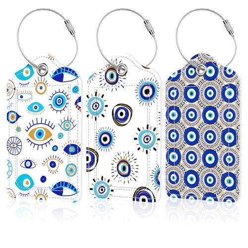 3 PCS Leather Luggage Tags for Suitcase Evil Eye Blue Bead Travel Cruise Luggage Tag with Stainless Steel Loop Name ID Label Privacy Cover for Women Men Travel