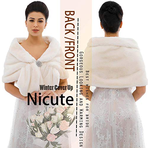 Nicute Bride Wedding Fur Shawls Winter Faux Fur Scarves Bridal Fur Stole with Rhinestone Brooch for Women and Girls3