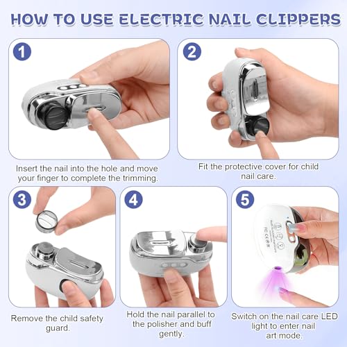 Elektrischer Nagelknipser, 4 in 1 Nagelknipser Elektrisch mit Nagellampe, Einstellbarer Automatisch Nageltrimmer, Wiederaufladbarer Elektrische Nagelfeile für Kinder, ältere Menschen, Erwachsene