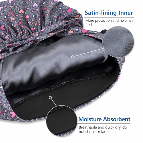 Image of Satin Lined Cheetah Heart Scrub Cap for Women, Bouffant Nurse Cap with Sweatband and Buttons, Adjustable Surgical Hat for Curly Hair, Braids, Long Hair and Buns