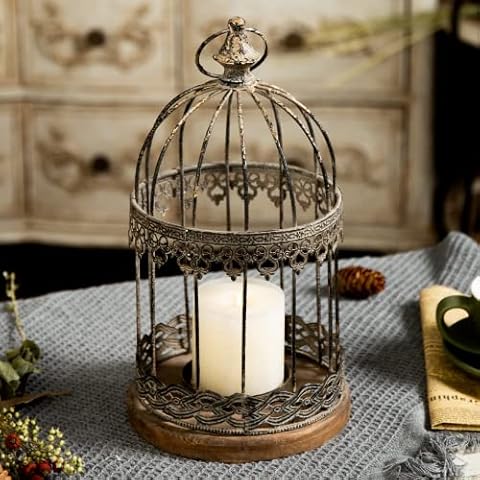 Black Candle Lantern Decorative Bird Cage 14" Outdoor, Rustic Moroccan Lantern Mantle Decor Indoor Christmas Decorations for Home, Wedding Front Porch Hurricane Lanterns with Candle Holder Glass Cover
