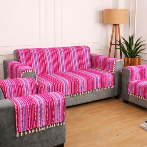 Image of Gifts Island Woven Acrylic Cotton Sofa Cover Mat, Pink Striped with Decorative Tassels, Non-Slip Design with Elastic Straps, 3 Seater and 1 Seater Mats with 6 Armrest Covers (Pink, 3+1+1 Seater)