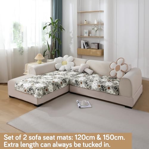 Image of HOKIPO 'Elira Series' Printed Water Repellent + Waterproof Quick Dry L Shape (2+2 Seater) Sofa Seat Cover Mat, Feather Brown Floral (AR-5245-C1 + AR-5246-C1)