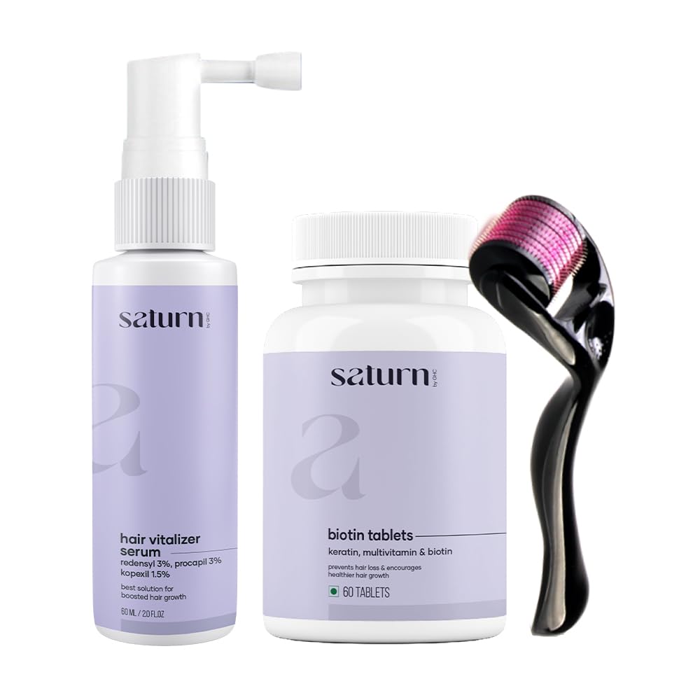 Saturn by GHC Biotin Tablets - 100% Vegan, 60 Tablets | Procapil Hair Growth Vitalizer 60ml | Derma Roller | Prevents Hair Loss & Encourages Healthier Hair Growth