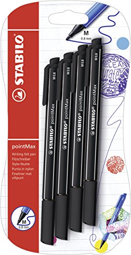STABILO pointMax - Stylo feutre - blister x 4 feutres d'écriture pointe moyenne 0,8 mm - noir