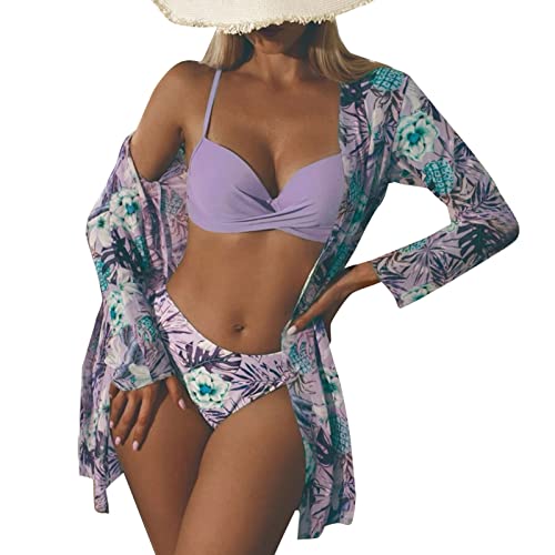 KIMODO Conjunto de bikini para mujer con blusa de bufanda, push up ajustable, cruzado, ties-up, parte superior de bikini impresa, cintura alta, traje de baño, K, L
