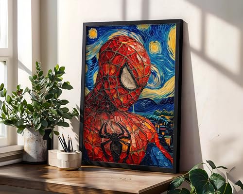 Image of Waltractive Engineered Wood Spiderman X Starry Night Wall Art Framed Poster Portrait - Perfect Wall Decor For Fans For Bedroom, Kids Room - Available In 33X23 & 48X33 CM (13X9 & 19X13 Inch)