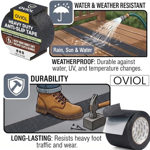 Image of OVIOL Anti Slip Tape for Stairs Waterproof Stairs Anti Skid Strip for Granite Stair Anti Slip Vinyl Flooring, Heavy Duty 80 Grit High Traction, 2 Inch x 16.4 Feet (BLACK, PACK OF 1)