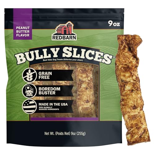 Redbarn Pet Products All-Natural Rawhide Bully Slices - Peanut Butter Flavor - Premium Grain-Free Beef Hide Treats High Protein Low Fat for Chewers - 9 oz Bag