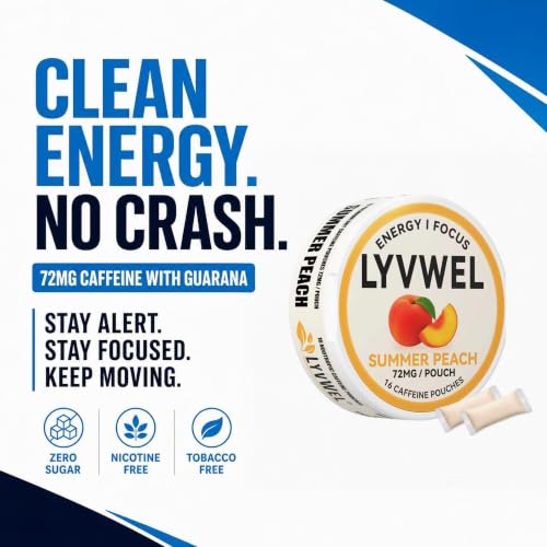 Image of LyvWel 72mg Caffeine Energy Pouches - Spearmint, Peach Sweet Tea, Pink Lemonade - Clean Energy & Focus with Guarana - 3-Pack (48 Total Pouches)