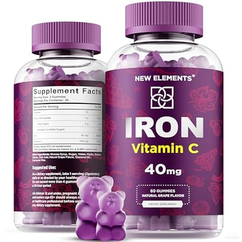 Iron Supplement for Women & Men with Vitamin C, Iron Gummies for Adults 40mg Iron and 100mg Vitamin C, Free Blood Builder for Anemia, Natural Grape Flavor, 30 Day Supply Cover